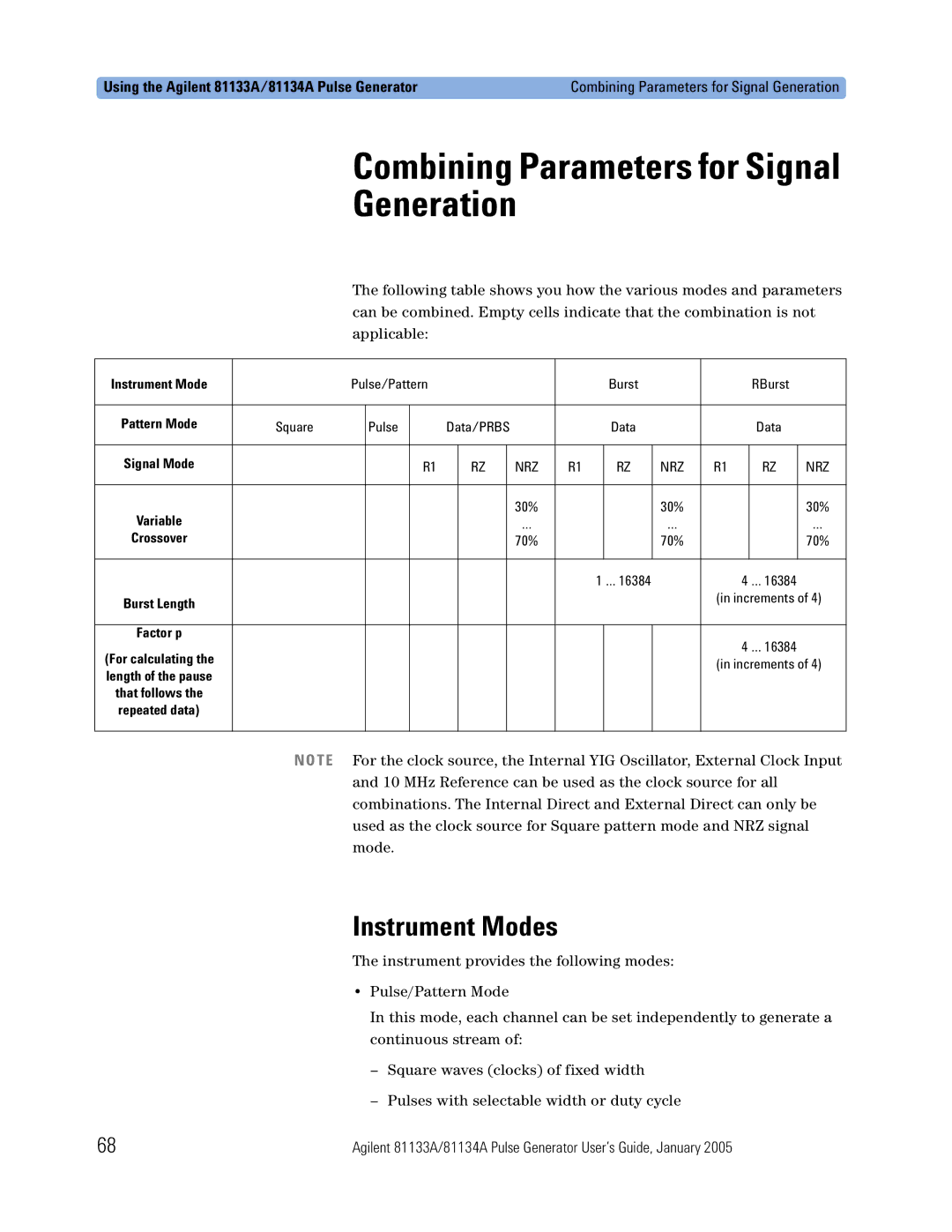 Agilent Technologies 5988-7401EN manual Combining Parameters for Signal Generation, Instrument Modes 