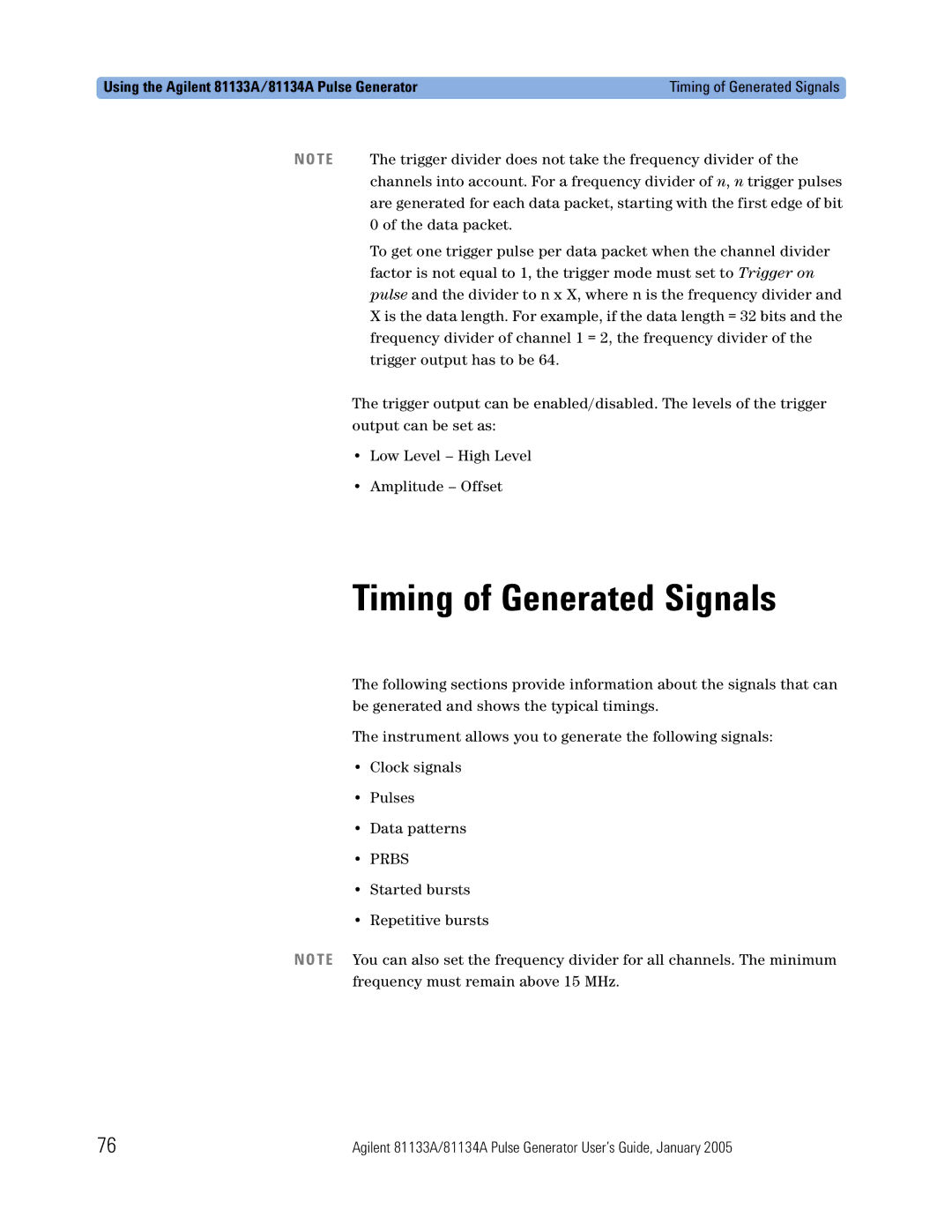 Agilent Technologies 5988-7401EN manual Timing of Generated Signals 