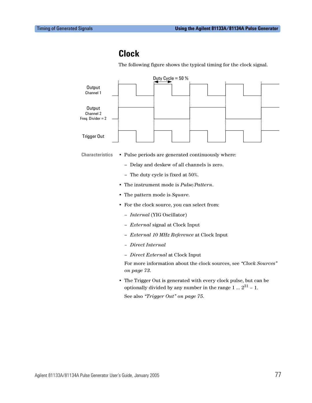 Agilent Technologies 5988-7401EN manual Clock, Timing of Generated Signals, Duty Cycle = 50 % Output, Trigger Out 