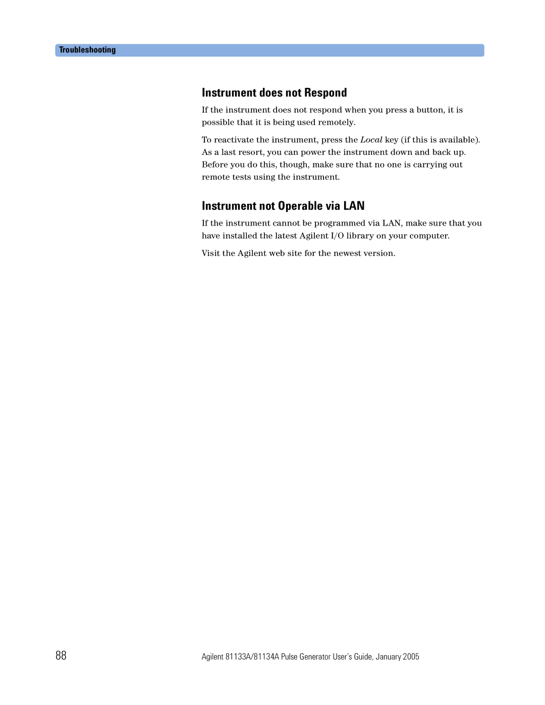 Agilent Technologies 5988-7401EN manual Instrument does not Respond, Troubleshooting 