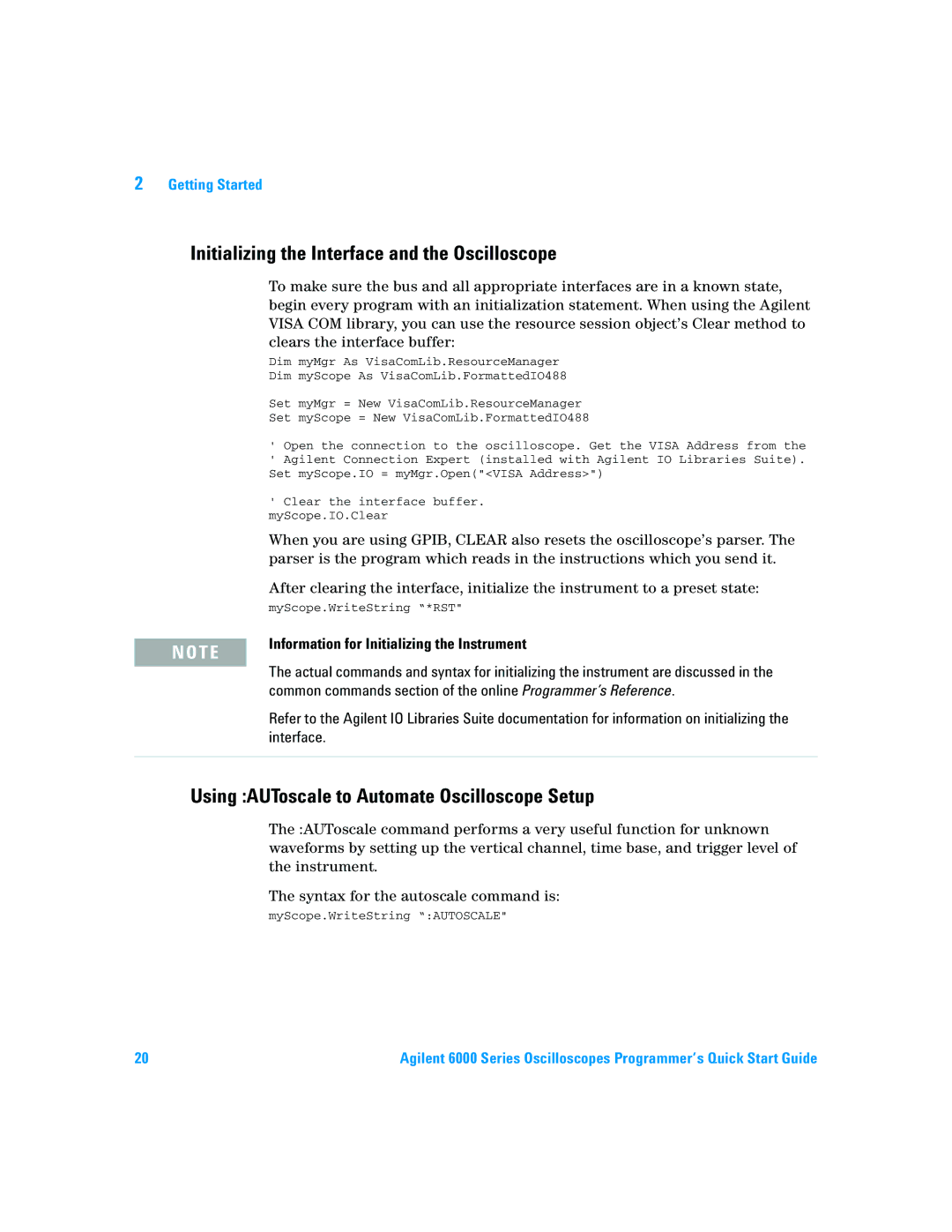 Agilent Technologies 6000 Series quick start Initializing the Interface and the Oscilloscope 