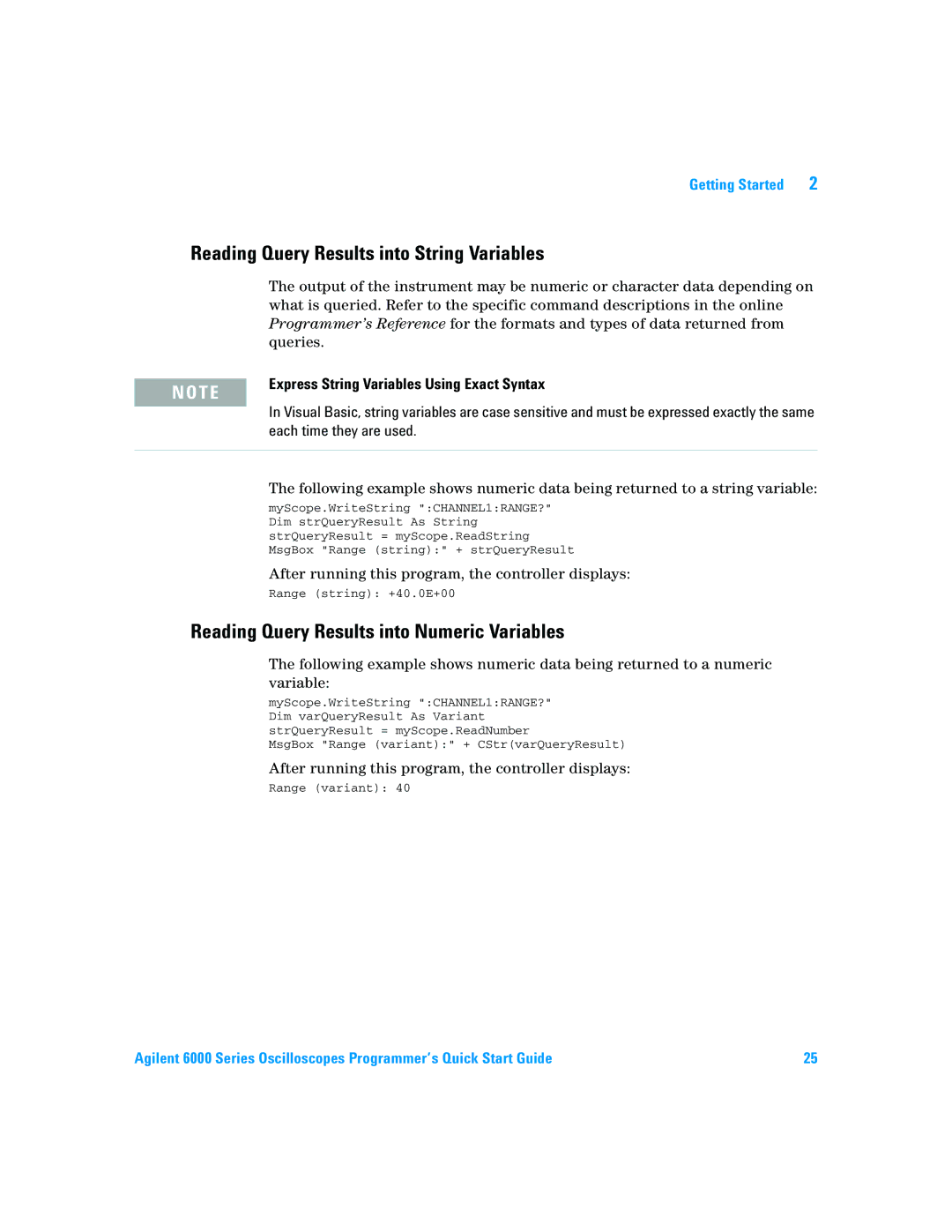 Agilent Technologies 6000 Series Reading Query Results into String Variables, Reading Query Results into Numeric Variables 