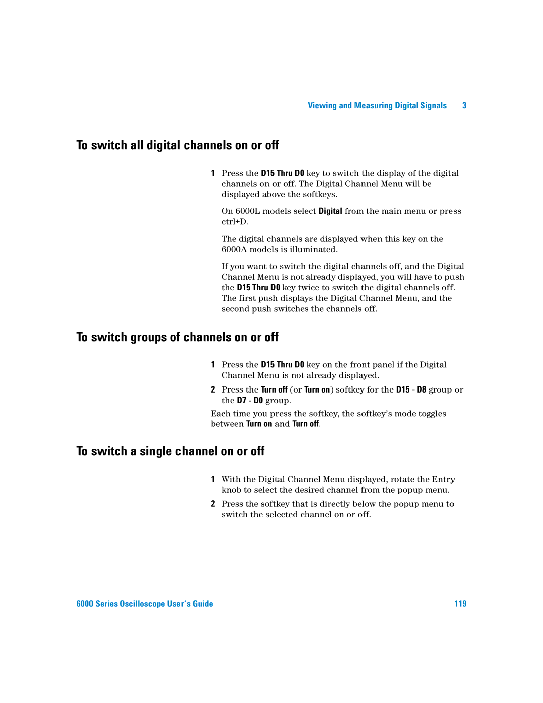 Agilent Technologies 6000 Series manual To switch all digital channels on or off, To switch groups of channels on or off 