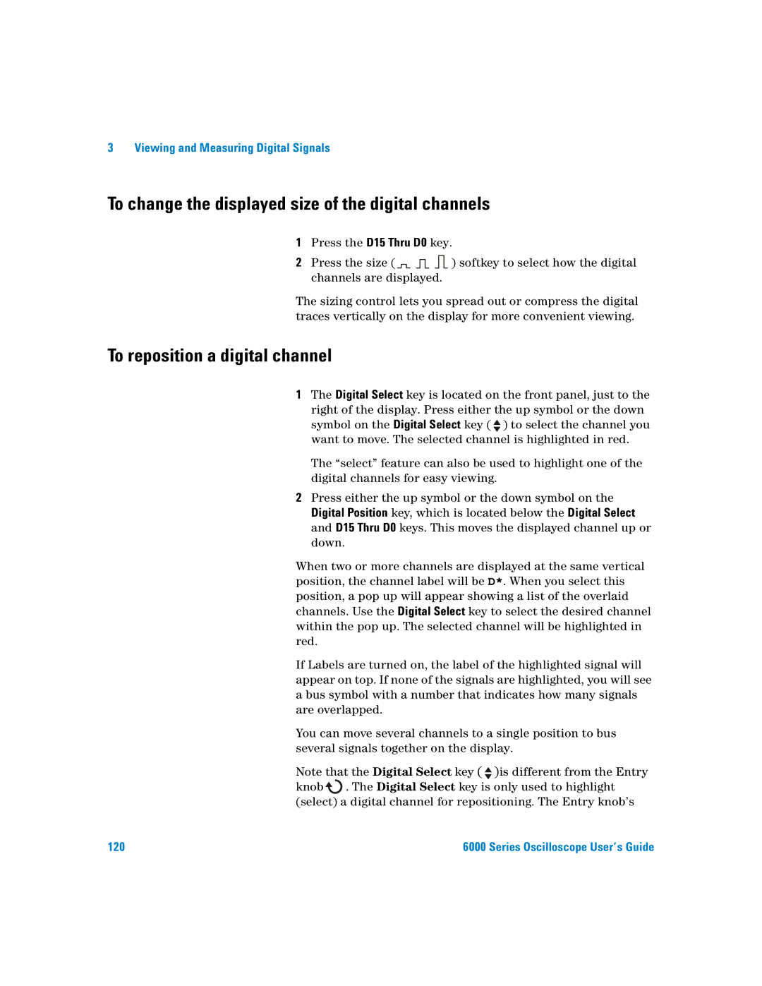 Agilent Technologies 6000 Series To change the displayed size of the digital channels, To reposition a digital channel 