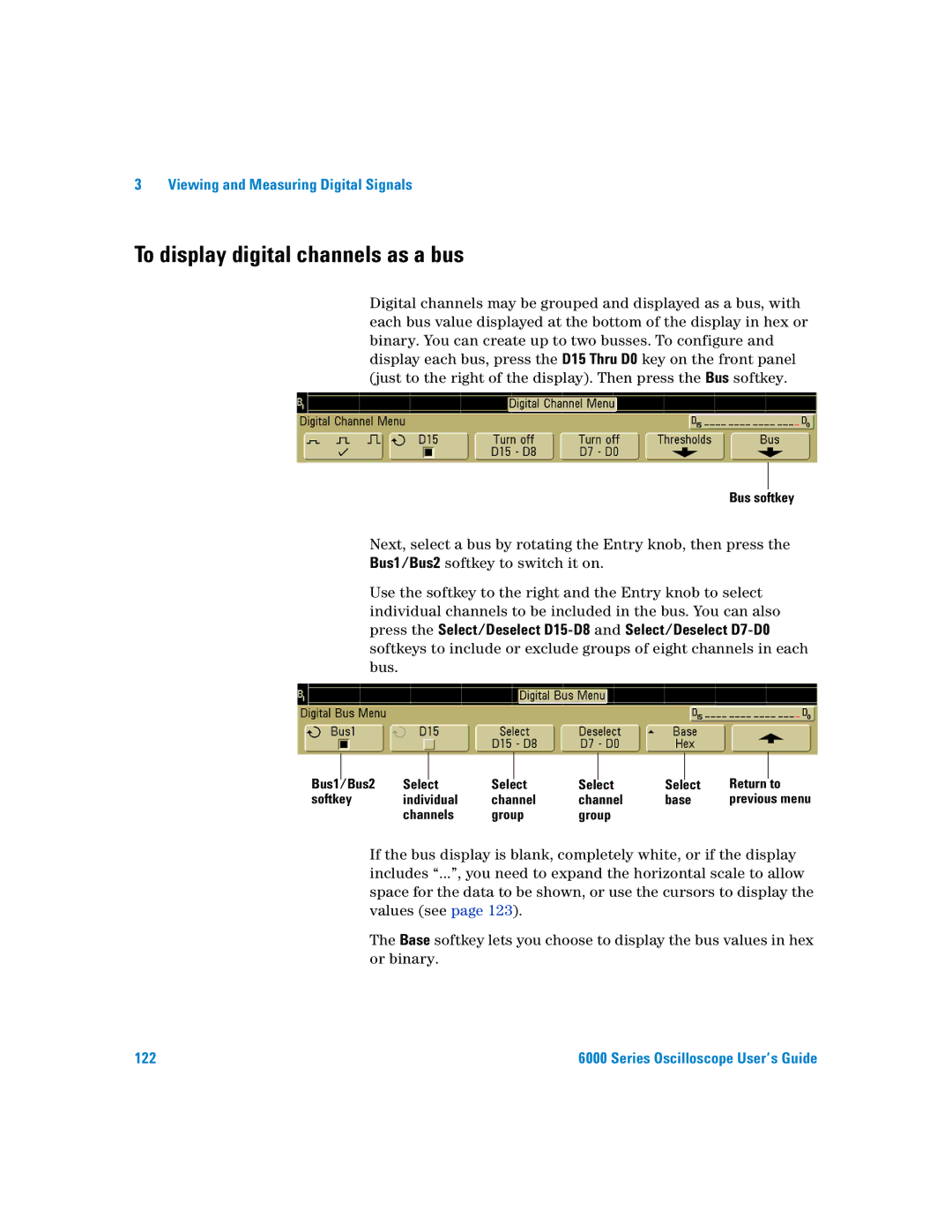 Agilent Technologies 6000 Series manual To display digital channels as a bus, Bus softkey, Channels Group 