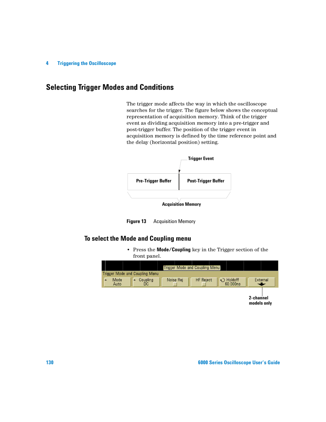 Agilent Technologies 6000 Series manual Selecting Trigger Modes and Conditions, To select the Mode and Coupling menu 