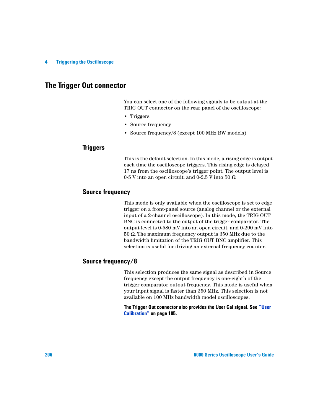 Agilent Technologies 6000 Series manual Trigger Out connector, Triggers, Source frequency/8 