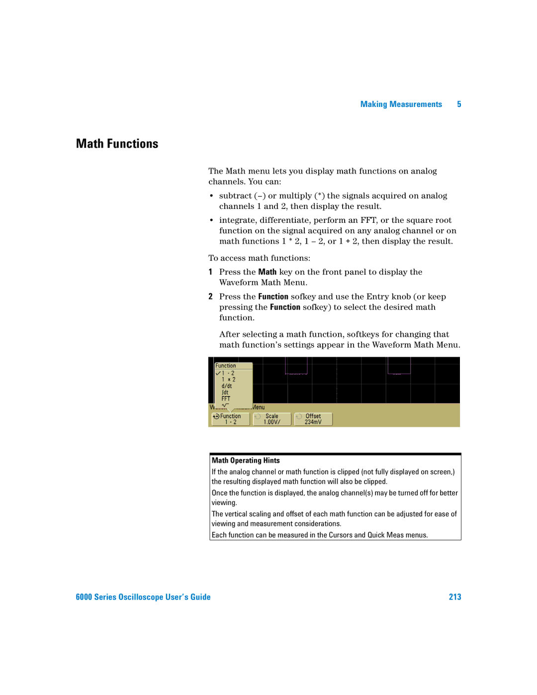 Agilent Technologies 6000 Series manual Math Functions, Math Operating Hints 