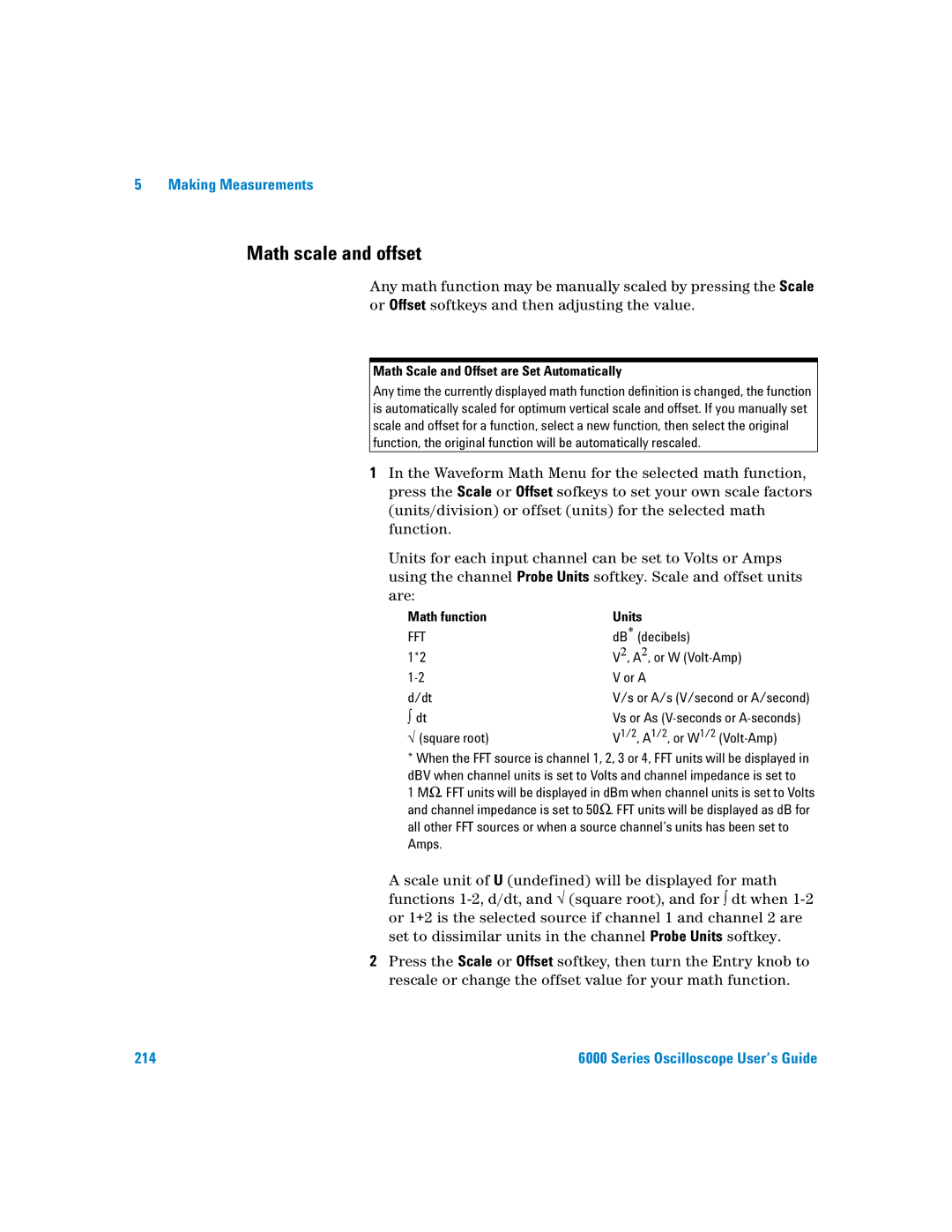 Agilent Technologies 6000 Series Math scale and offset, Math Scale and Offset are Set Automatically, Math function Units 