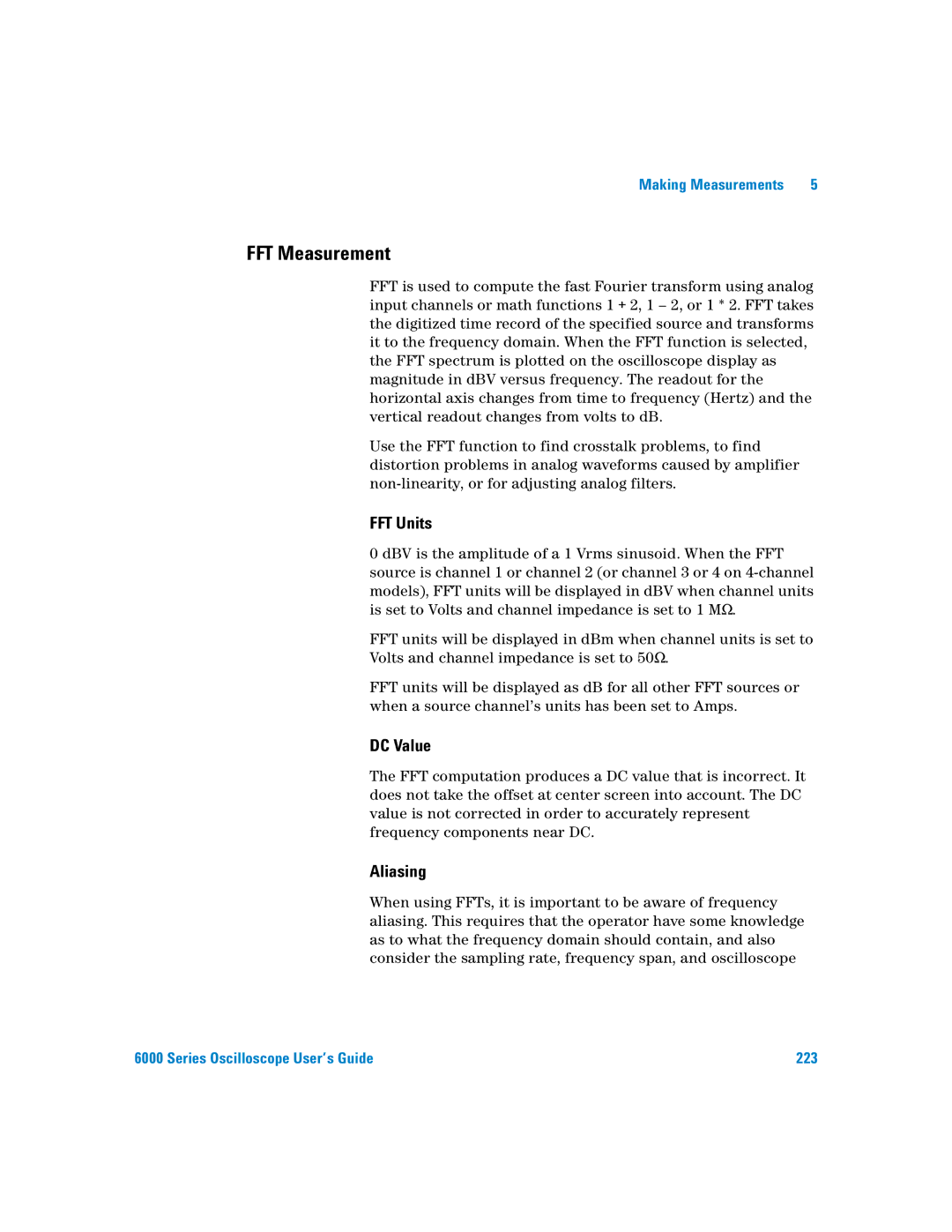 Agilent Technologies 6000 Series manual FFT Measurement, FFT Units, DC Value, Aliasing 
