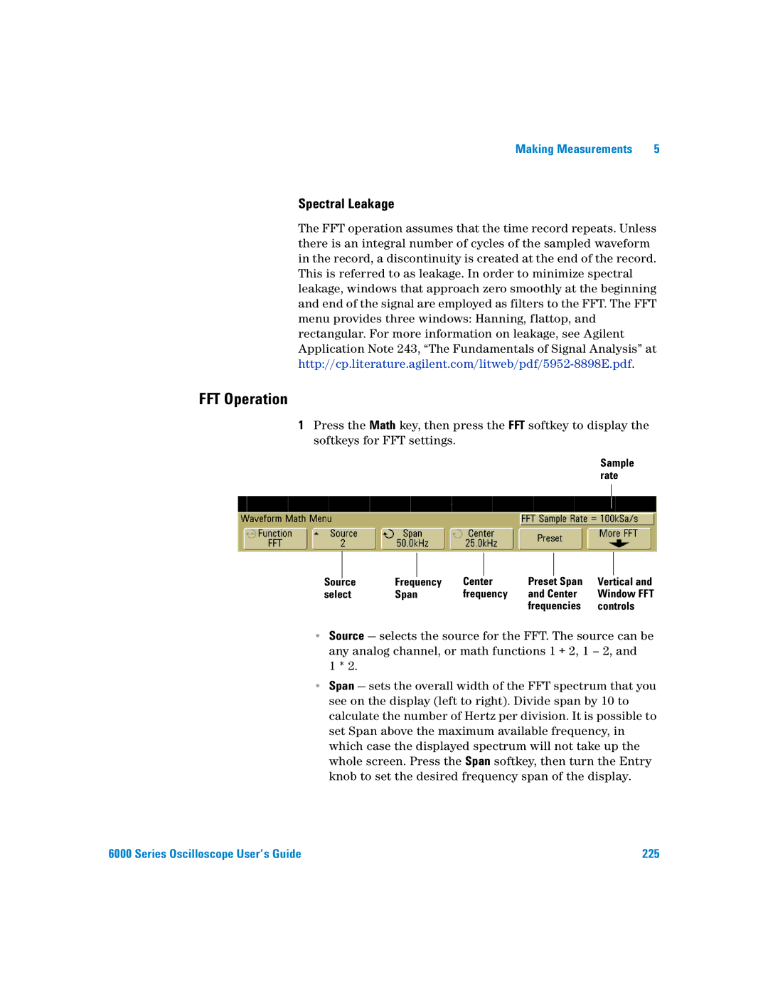 Agilent Technologies 6000 Series manual FFT Operation, Spectral Leakage, Source Frequency Center Preset Span 