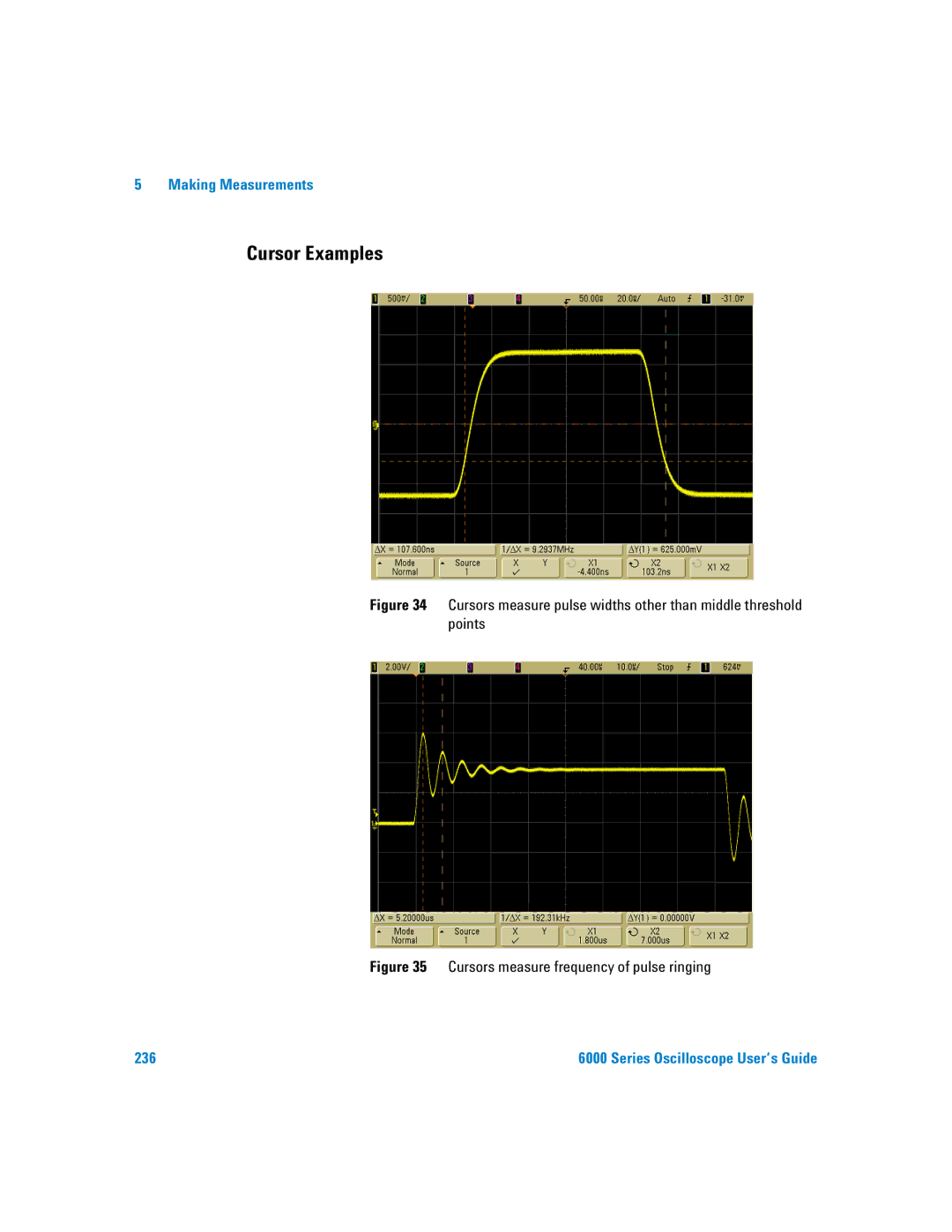 Agilent Technologies 6000 Series manual Cursor Examples, Cursors measure frequency of pulse ringing 