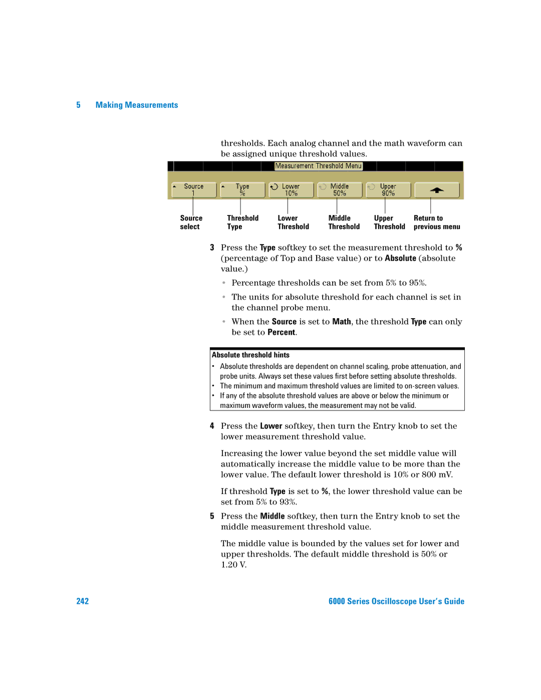 Agilent Technologies 6000 Series manual Source Threshold Lower Middle Upper Return to Select Type, Absolute threshold hints 