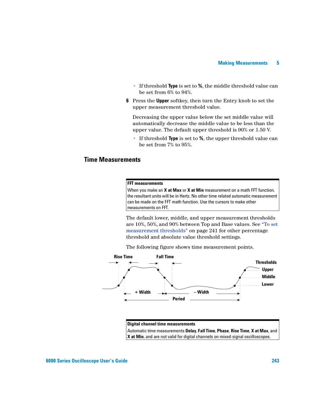 Agilent Technologies 6000 Series Time Measurements, FFT measurements, Rise Time, Thresholds Upper Middle Lower + Width 