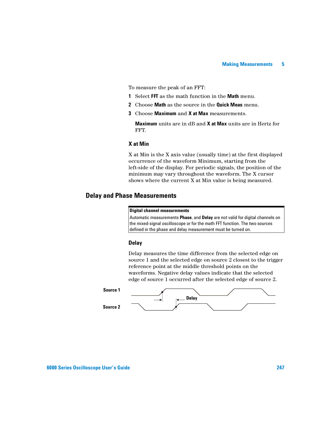 Agilent Technologies 6000 Series manual Delay and Phase Measurements, At Min, Digital channel measurements, Source Delay 