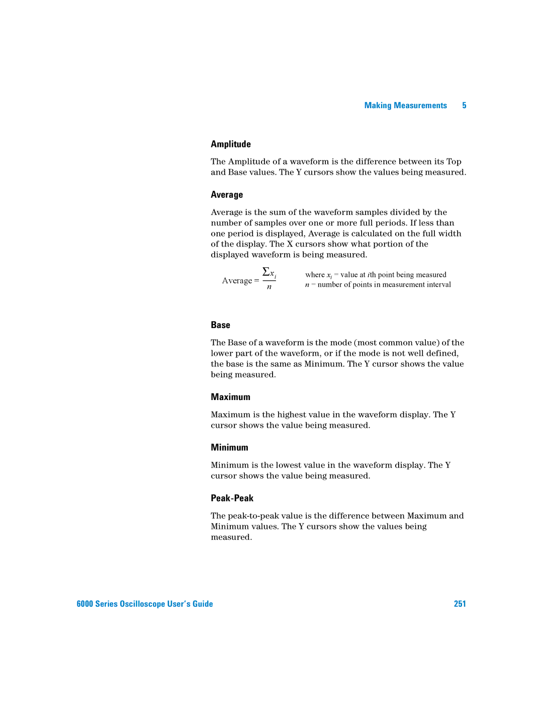 Agilent Technologies 6000 Series manual Amplitude, Average, Base, Maximum, Minimum, Peak-Peak 