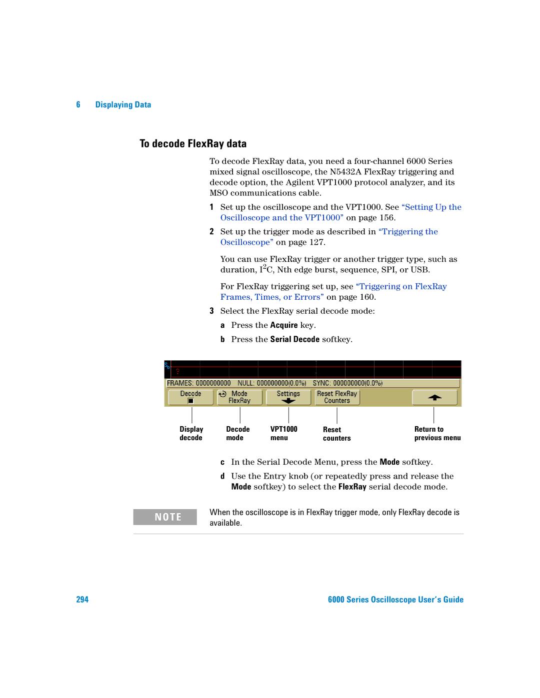 Agilent Technologies 6000 Series manual To decode FlexRay data, Display Decode VPT1000 Reset Return to Mode Menu Counters 
