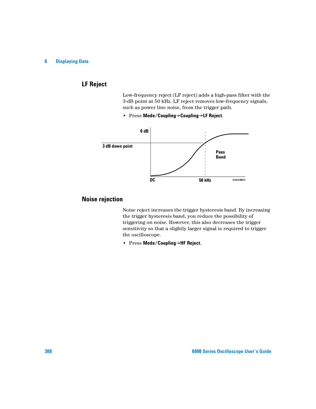 Agilent Technologies 6000 Series Noise rejection, Press Mode/Coupling&Coupling&LF Reject, DB down point Pass Band 