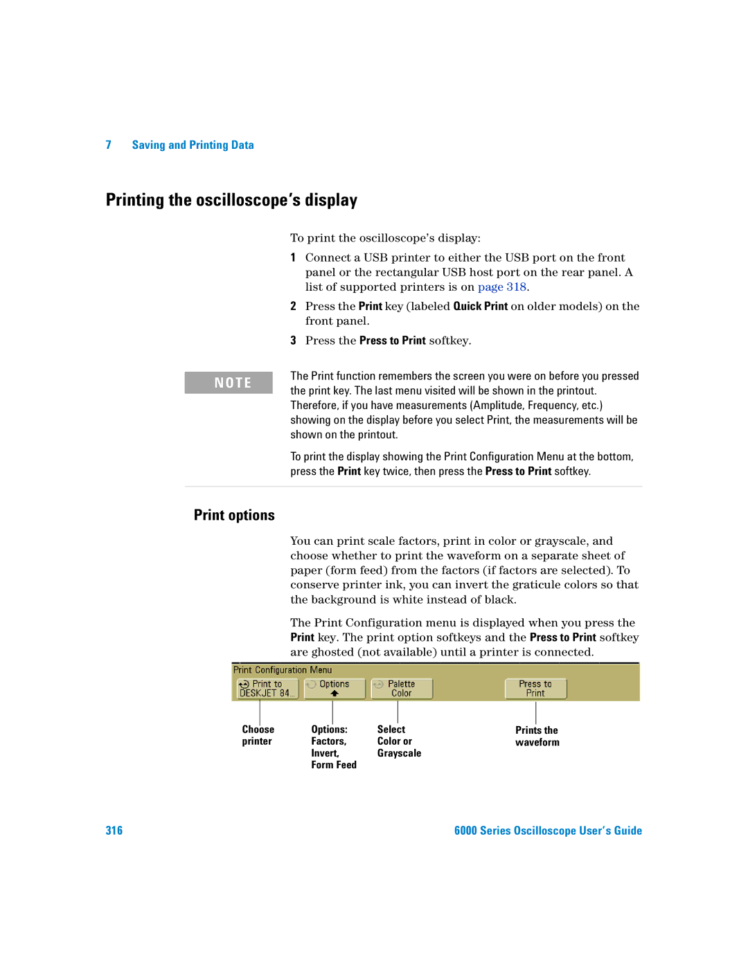 Agilent Technologies 6000 Series manual Printing the oscilloscope’s display, Print options, Choose Options Select 