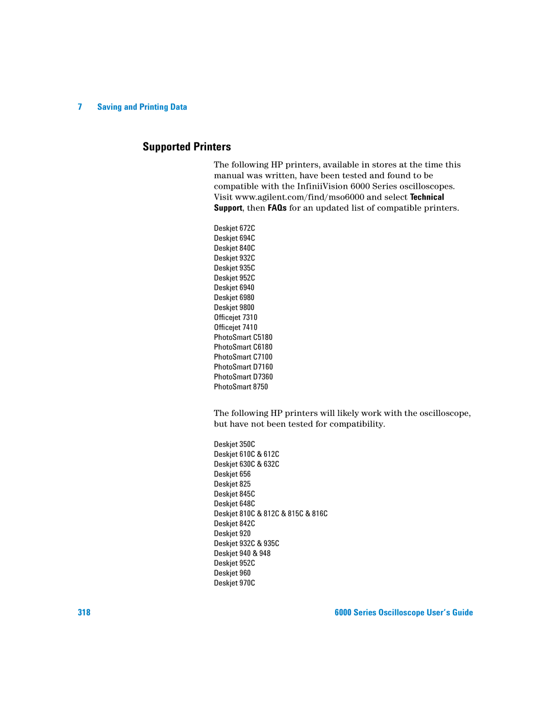 Agilent Technologies 6000 Series manual Supported Printers 