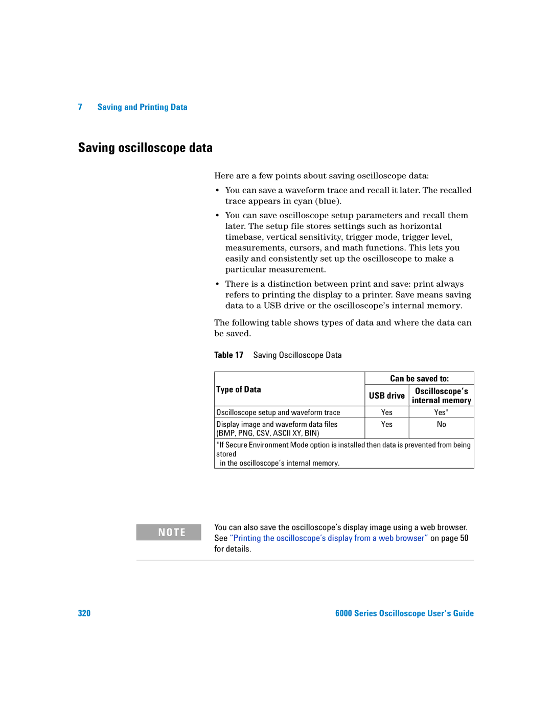 Agilent Technologies 6000 Series manual Saving oscilloscope data, Can be saved to, Type of Data 