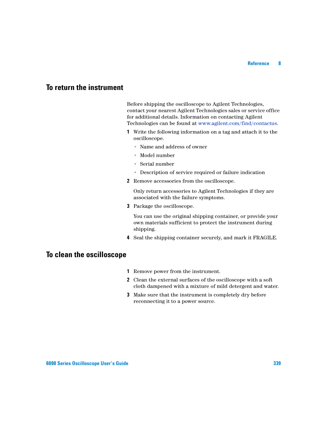 Agilent Technologies 6000 Series manual To return the instrument, To clean the oscilloscope 