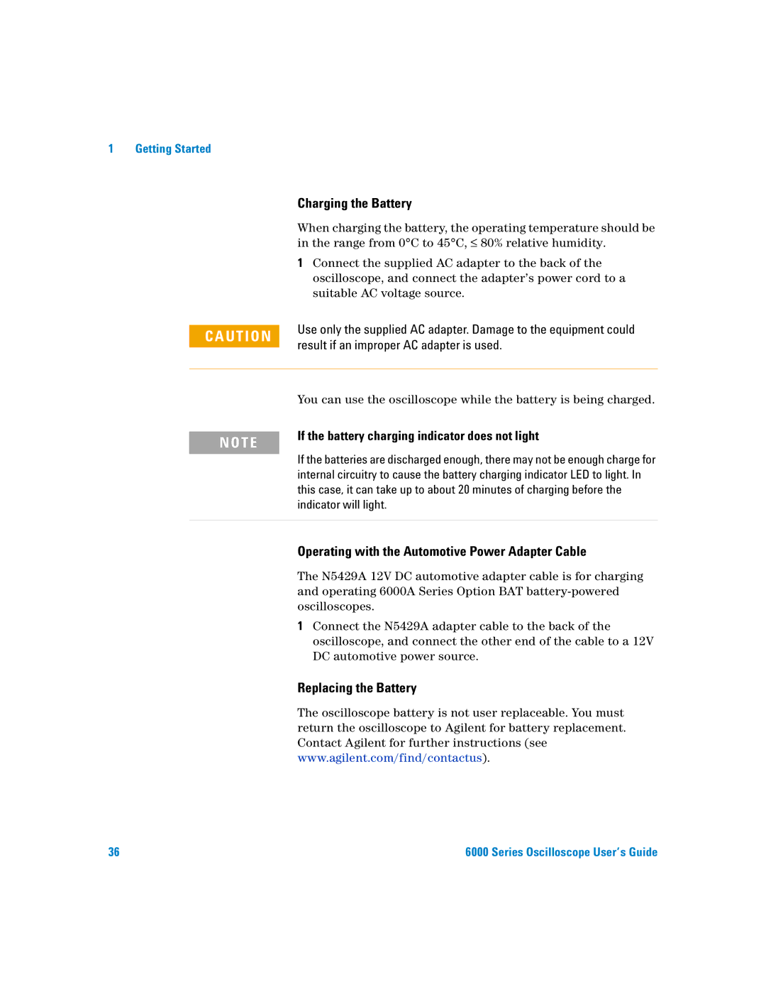 Agilent Technologies 6000 Series manual Charging the Battery, Operating with the Automotive Power Adapter Cable 