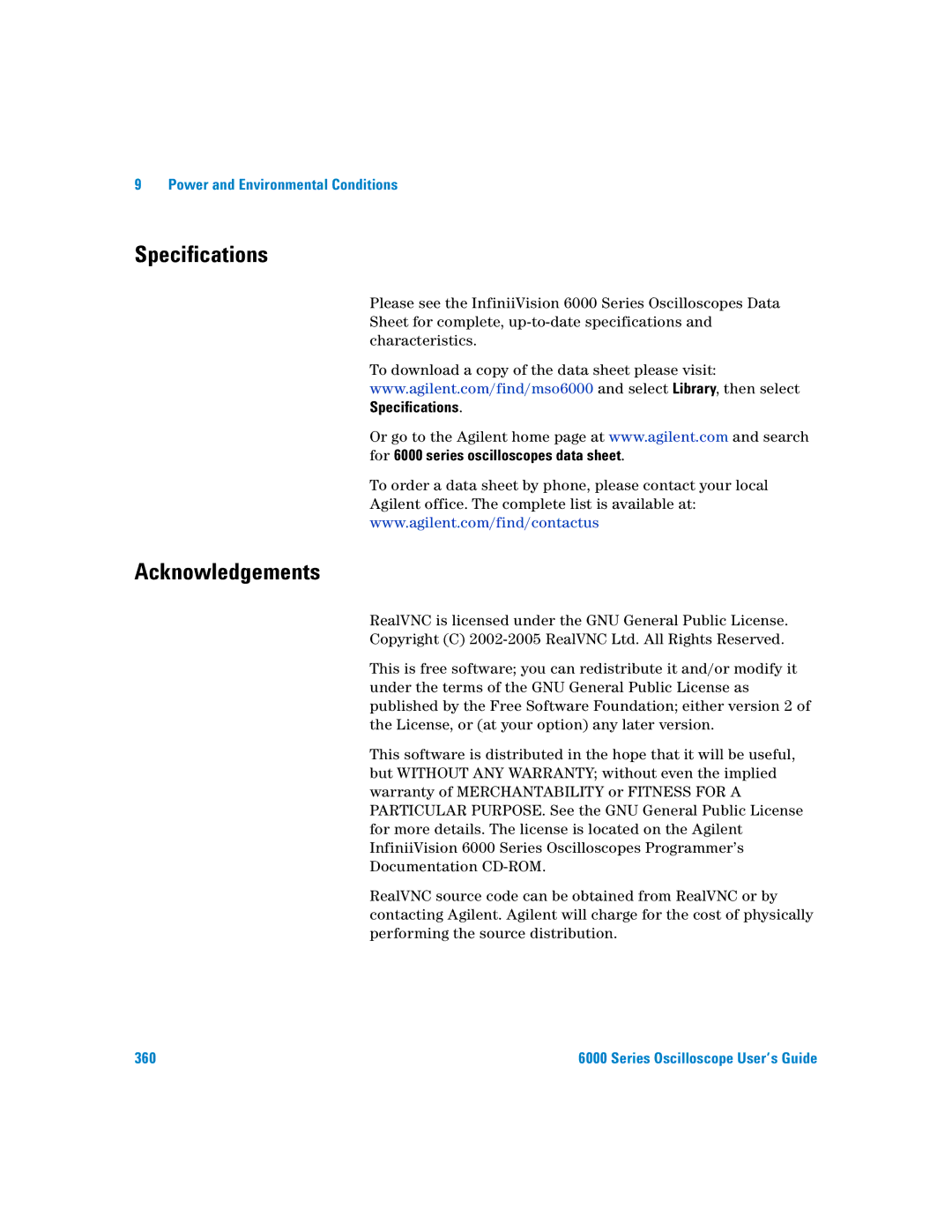 Agilent Technologies 6000 Series manual Specifications, Acknowledgements 