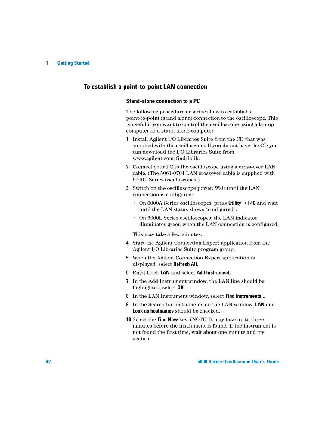 Agilent Technologies 6000 Series manual To establish a point-to-point LAN connection, Stand-alone connection to a PC 