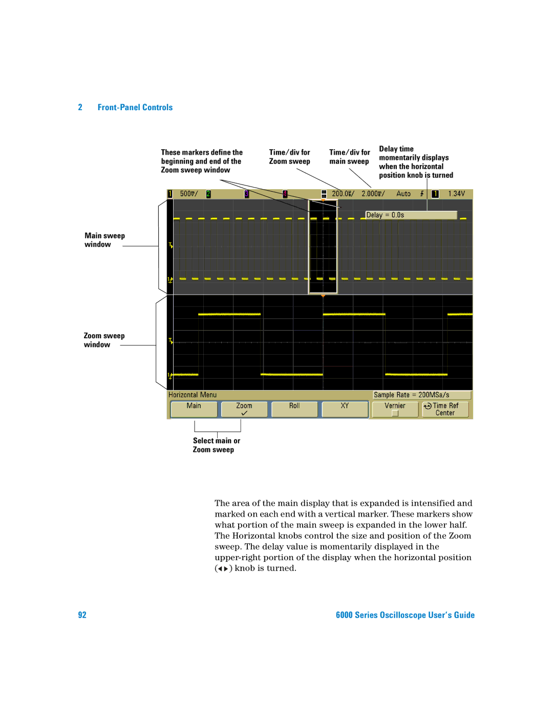 Agilent Technologies 6000 Series These markers define Time/div for Delay time, Beginning and end Zoom sweep Main sweep 