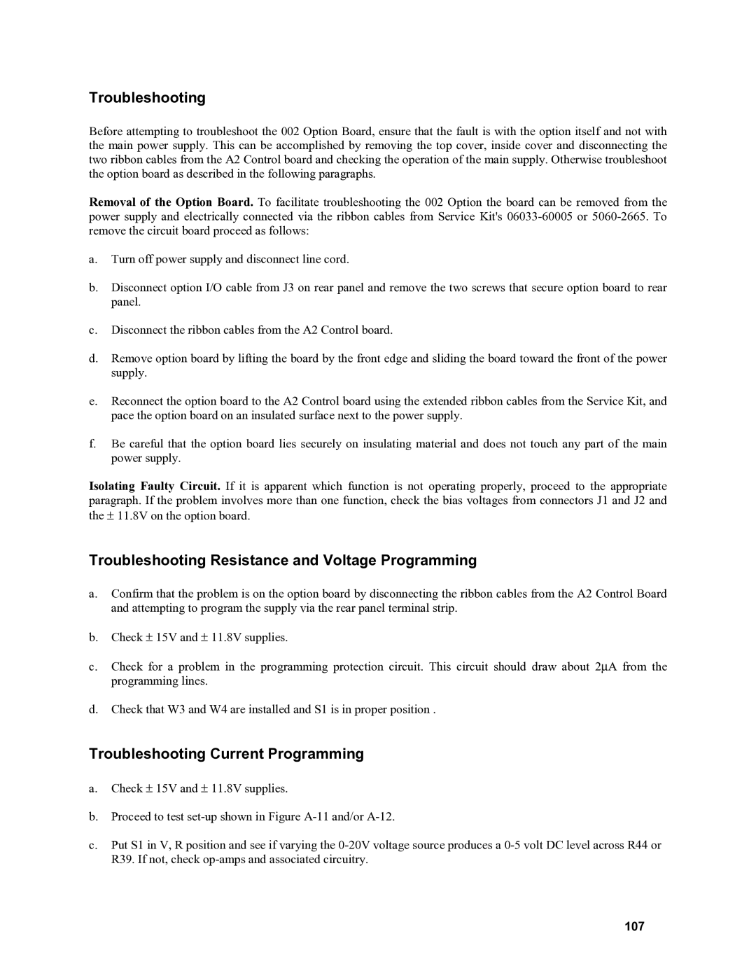 Agilent Technologies 6015A Troubleshooting Resistance and Voltage Programming, Troubleshooting Current Programming, 107 