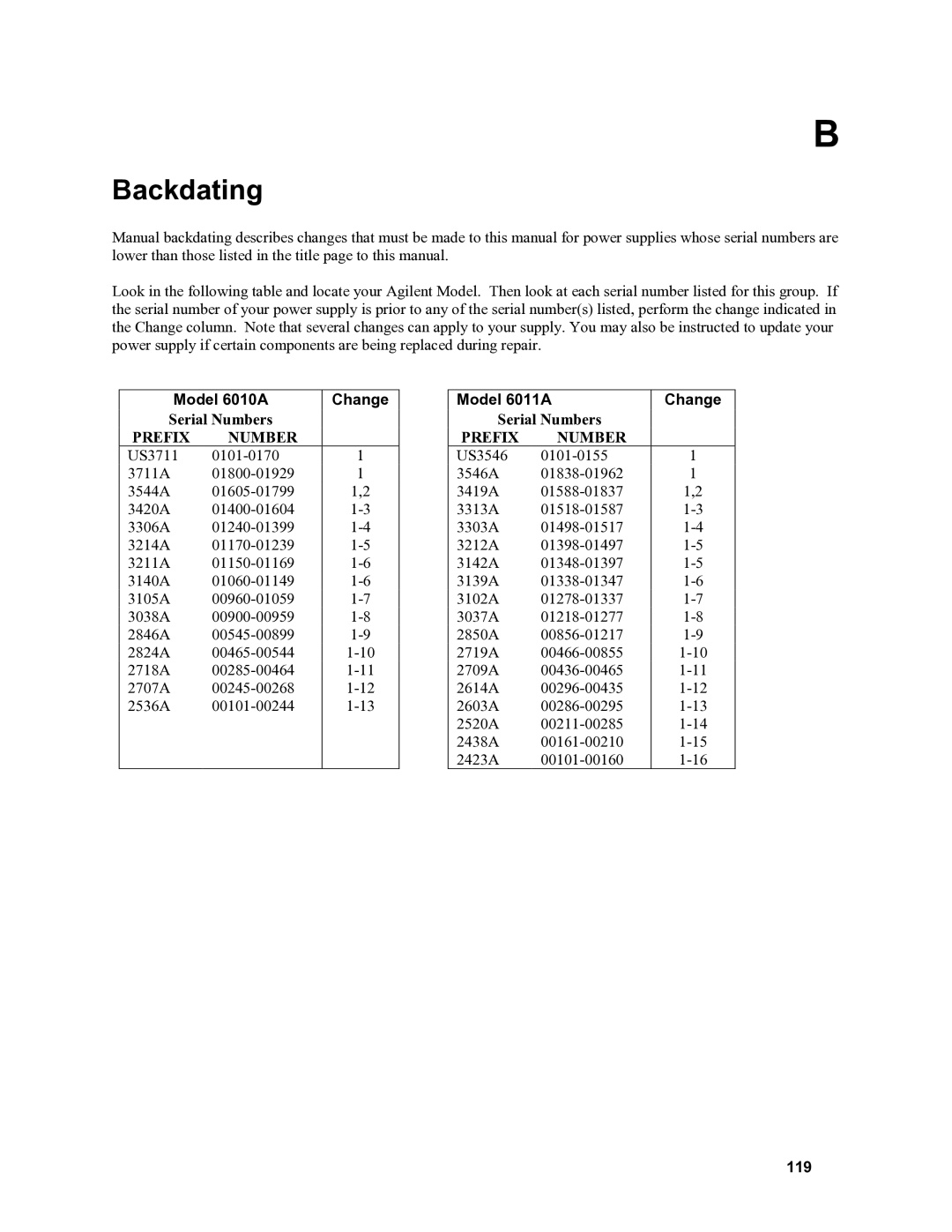 Agilent Technologies 6015A, 6010a, 6012B service manual Model 6010A Change, Model 6011A Change, 119 