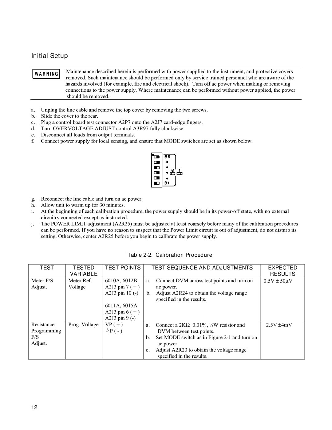 Agilent Technologies 6010a, 6011A, 6012B, 6015A service manual Initial Setup, Calibration Procedure 