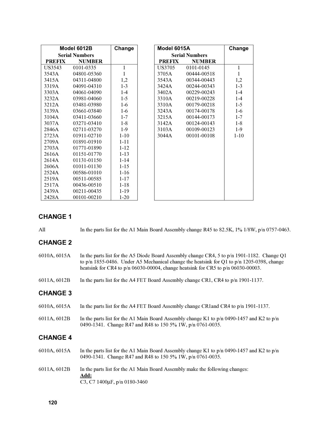 Agilent Technologies 6010a, 6011A service manual Model 6012B Change, Model 6015A Change, 120 