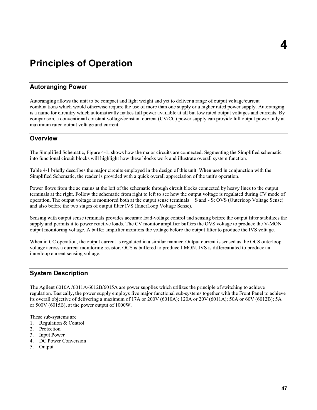 Agilent Technologies 6015A, 6010a, 6011A, 6012B service manual Autoranging Power, Overview, System Description 