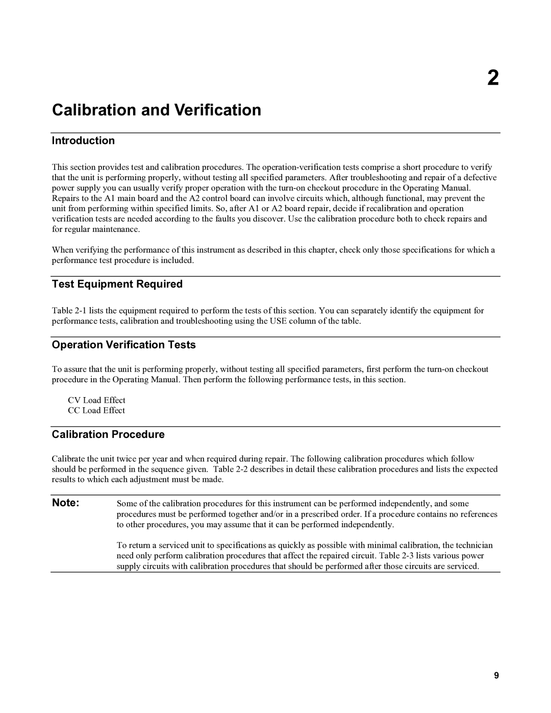 Agilent Technologies 6011A Introduction, Test Equipment Required, Operation Verification Tests, Calibration Procedure 