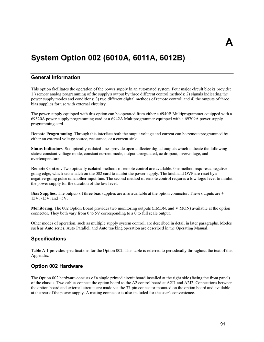 Agilent Technologies 6015A, 6010a, 6011A, 6012B service manual General Information, Specifications, Option 002 Hardware 