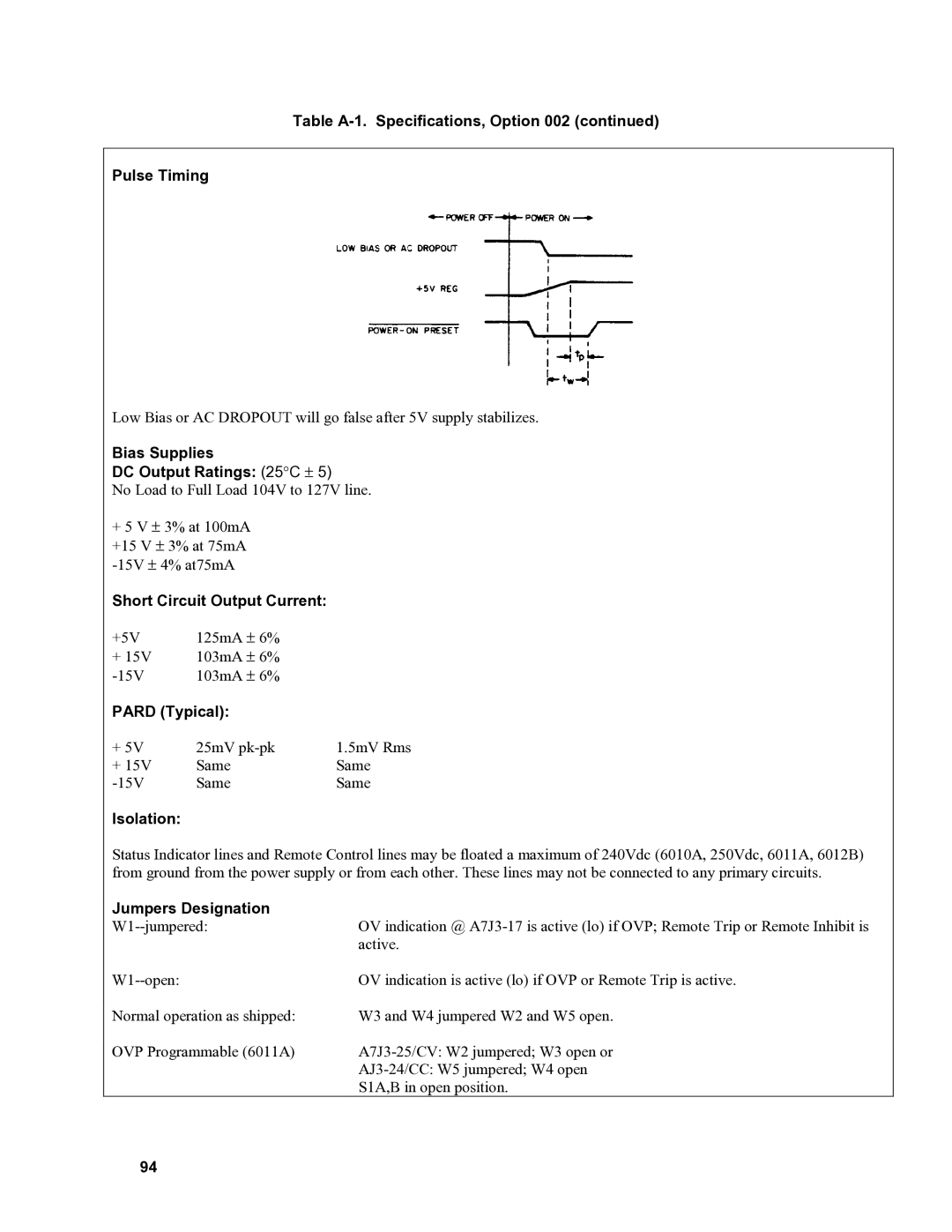 Agilent Technologies 6012B, 6010a Table A-1. Specifications, Option Pulse Timing, Bias Supplies DC Output Ratings 25C ± 
