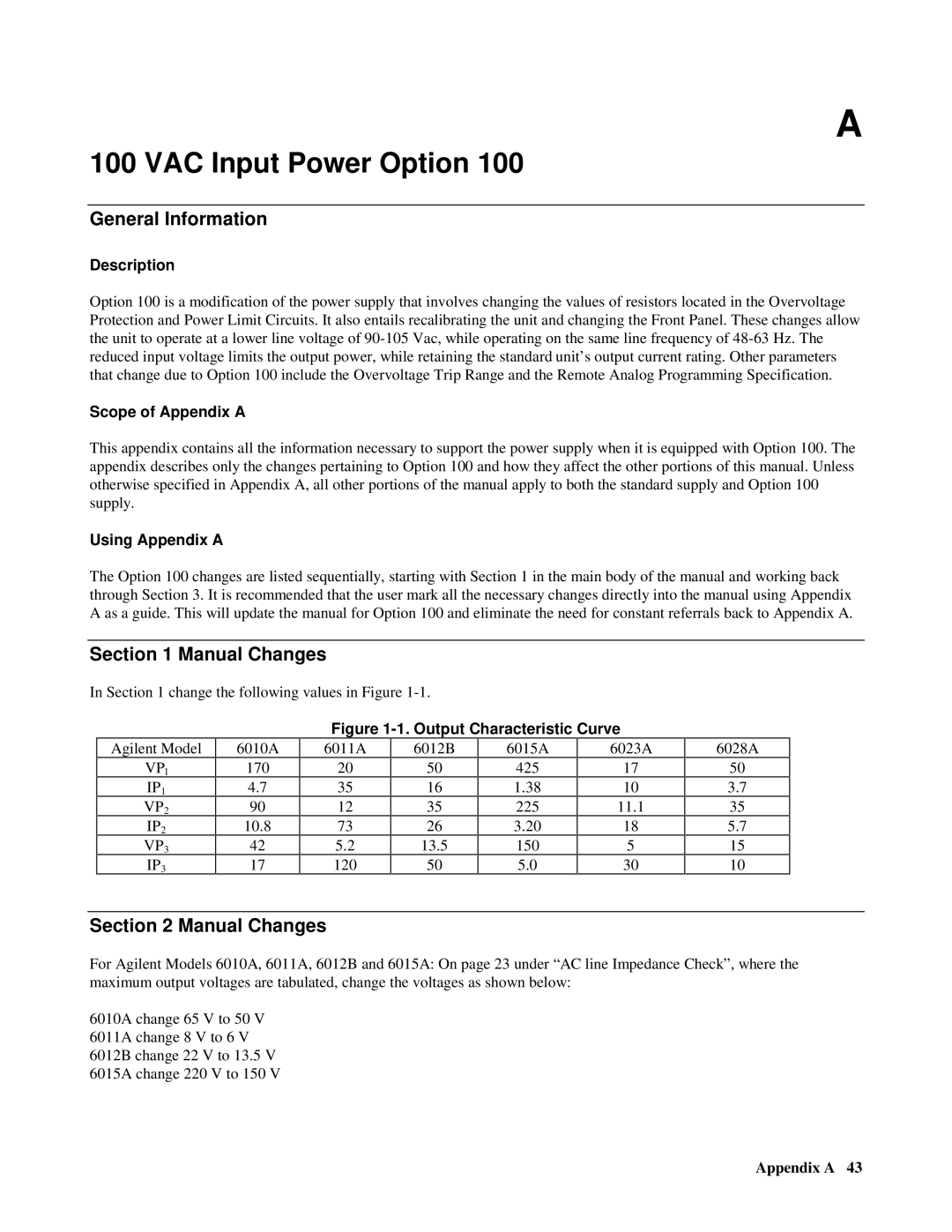 Agilent Technologies 6023A, 6028A, 6010a VAC Input Power Option, General Information, Manual Changes, Scope of Appendix a 