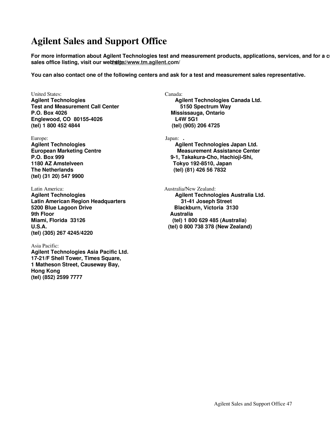 Agilent Technologies 6012B, 6010a, 6011A Agilent Sales and Support Office, United States Canada, Europe Japan, Asia Pacific 