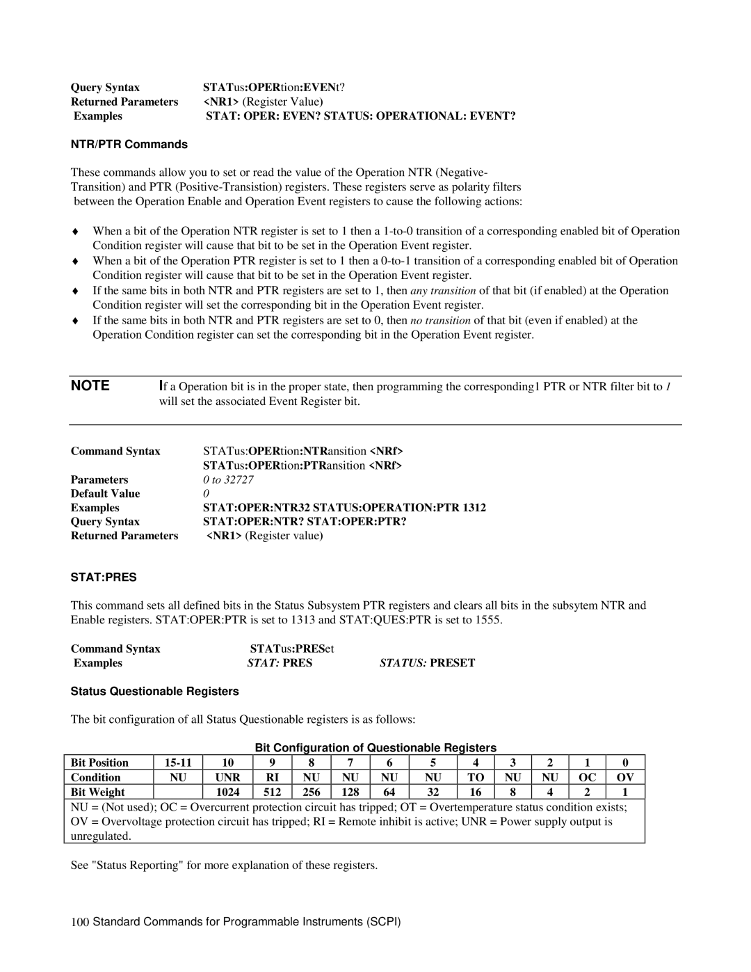 Agilent Technologies 6023A, 6035A, 6028A, 6033A, 603xA, 6038A 6010A NTR/PTR Commands, Statpres, Status Questionable Registers 