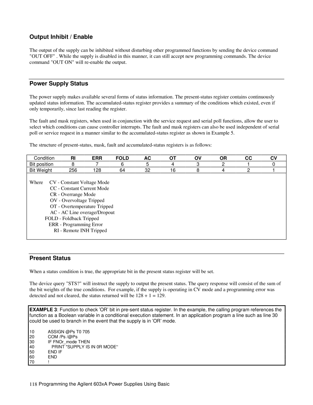 Agilent Technologies 6031A, 6035A, 6028A, 6033A, 603xA Output Inhibit / Enable, Power Supply Status, Present Status, ERR Fold 