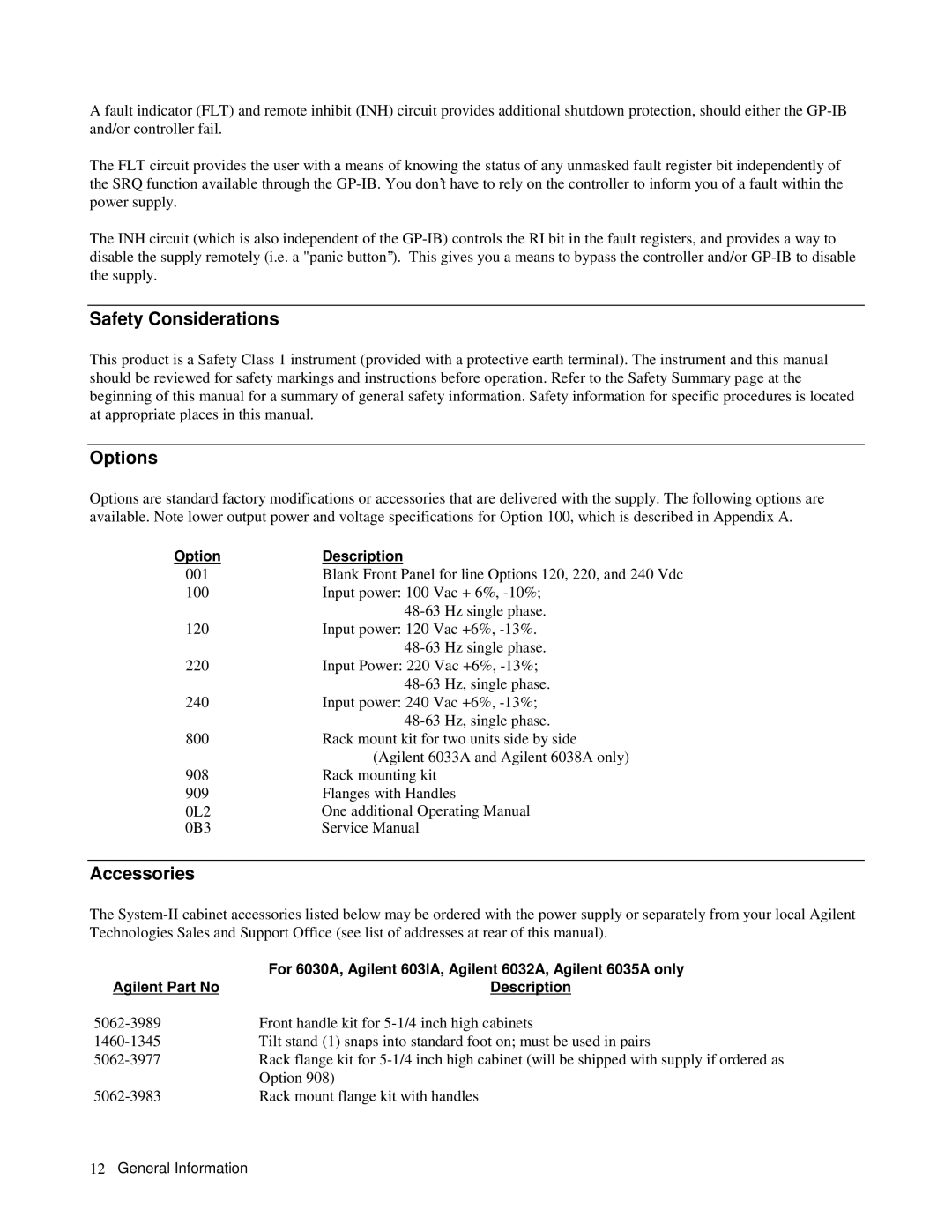 Agilent Technologies 6023A, 6035A, 6028A, 6033A, 603xA, 6038A 6010A, 6031A, 6032A Safety Considerations, Options, Accessories 