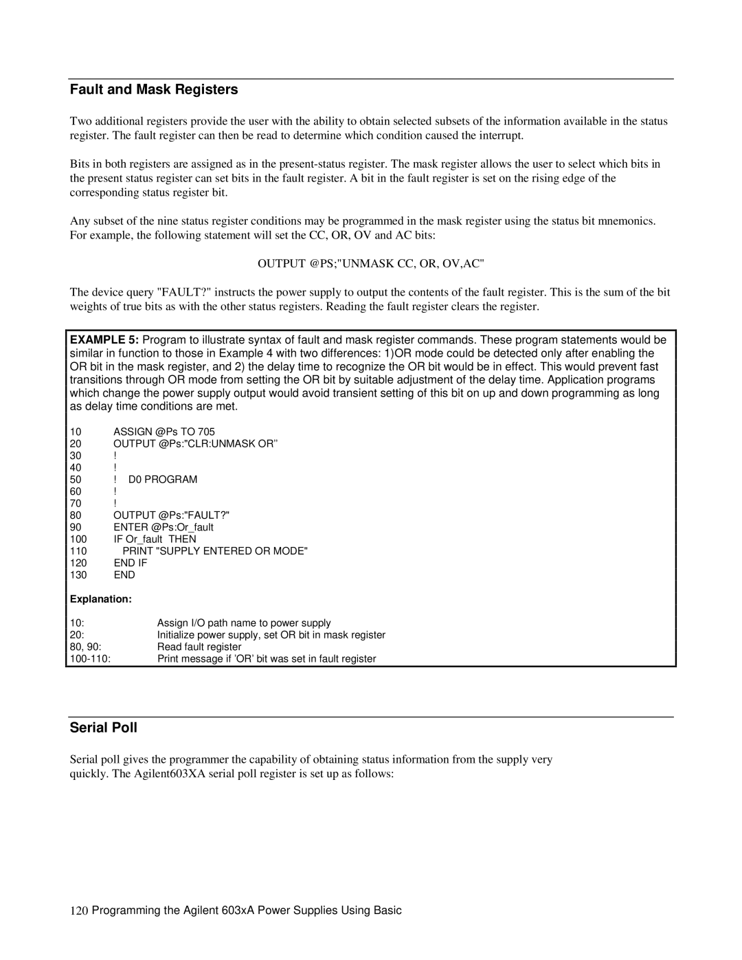 Agilent Technologies 6035A, 6028A, 6033A, 603xA, 6023A Fault and Mask Registers, Serial Poll, Output @PSUNMASK CC, OR, OV,AC 