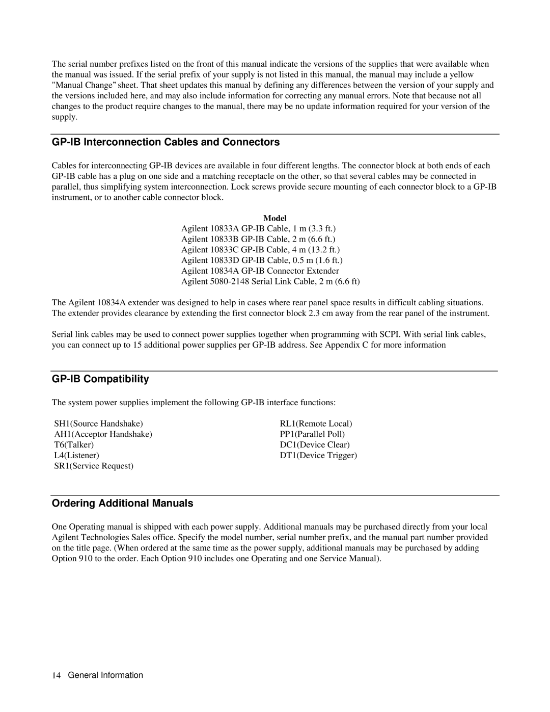 Agilent Technologies 6031A GP-IB Interconnection Cables and Connectors, GP-IB Compatibility, Ordering Additional Manuals 