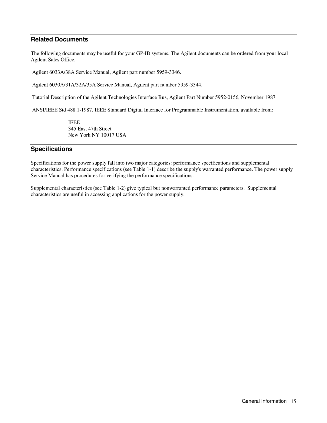 Agilent Technologies 6032A, 6035A, 6028A, 6033A, 603xA, 6023A, 6038A 6010A, 6031A manual Related Documents, Specifications, Ieee 