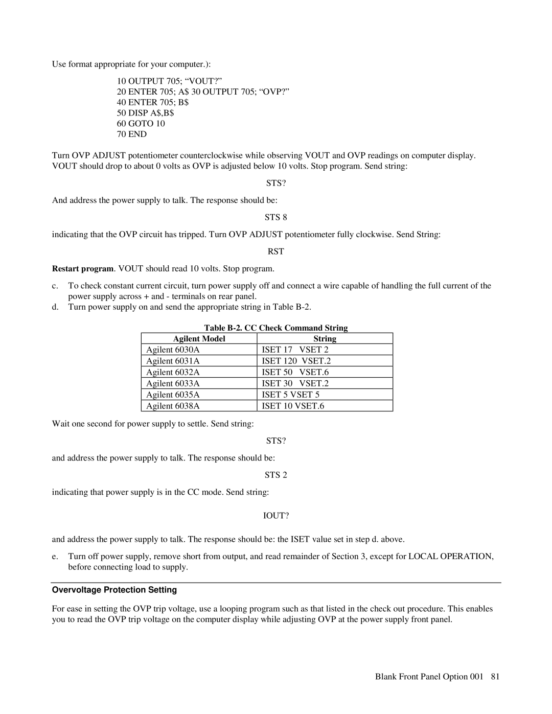 Agilent Technologies 6028A, 6035A, 6033A Table B-2. CC Check Command String Agilent Model, Overvoltage Protection Setting 
