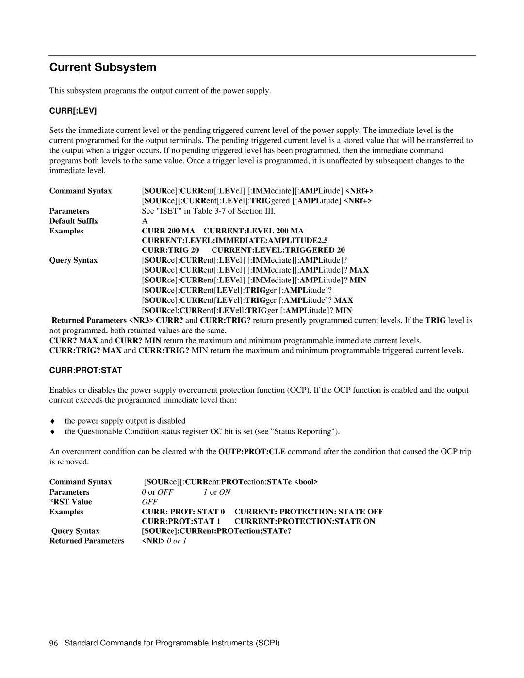 Agilent Technologies 6035A, 6028A, 6033A Currlev, Currprotstat, Command Syntax SOURceCURRentPROTectionSTATe bool Parameters 