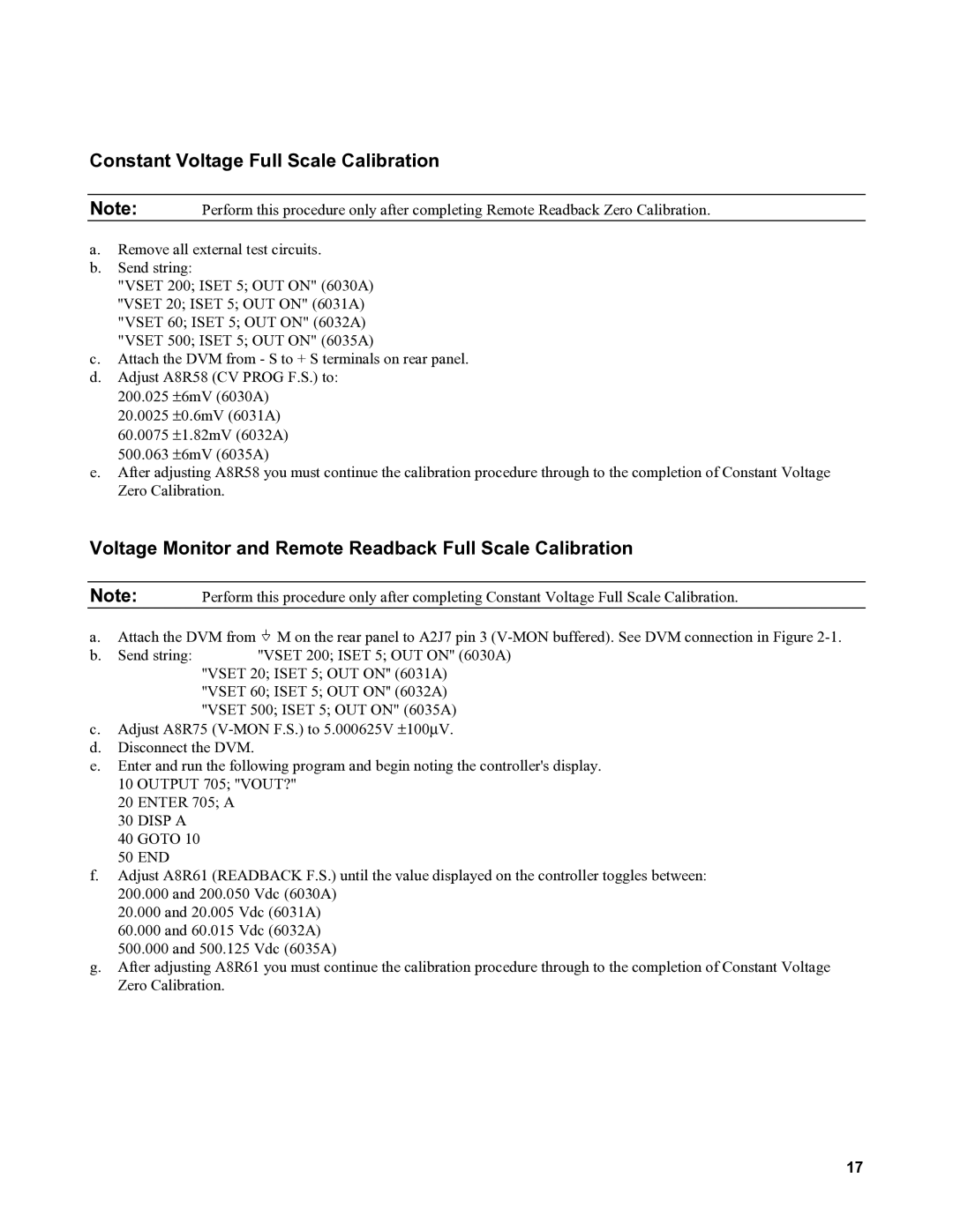 Agilent Technologies 6035A, 6031A, 6032A, 6030A service manual Constant Voltage Full Scale Calibration 