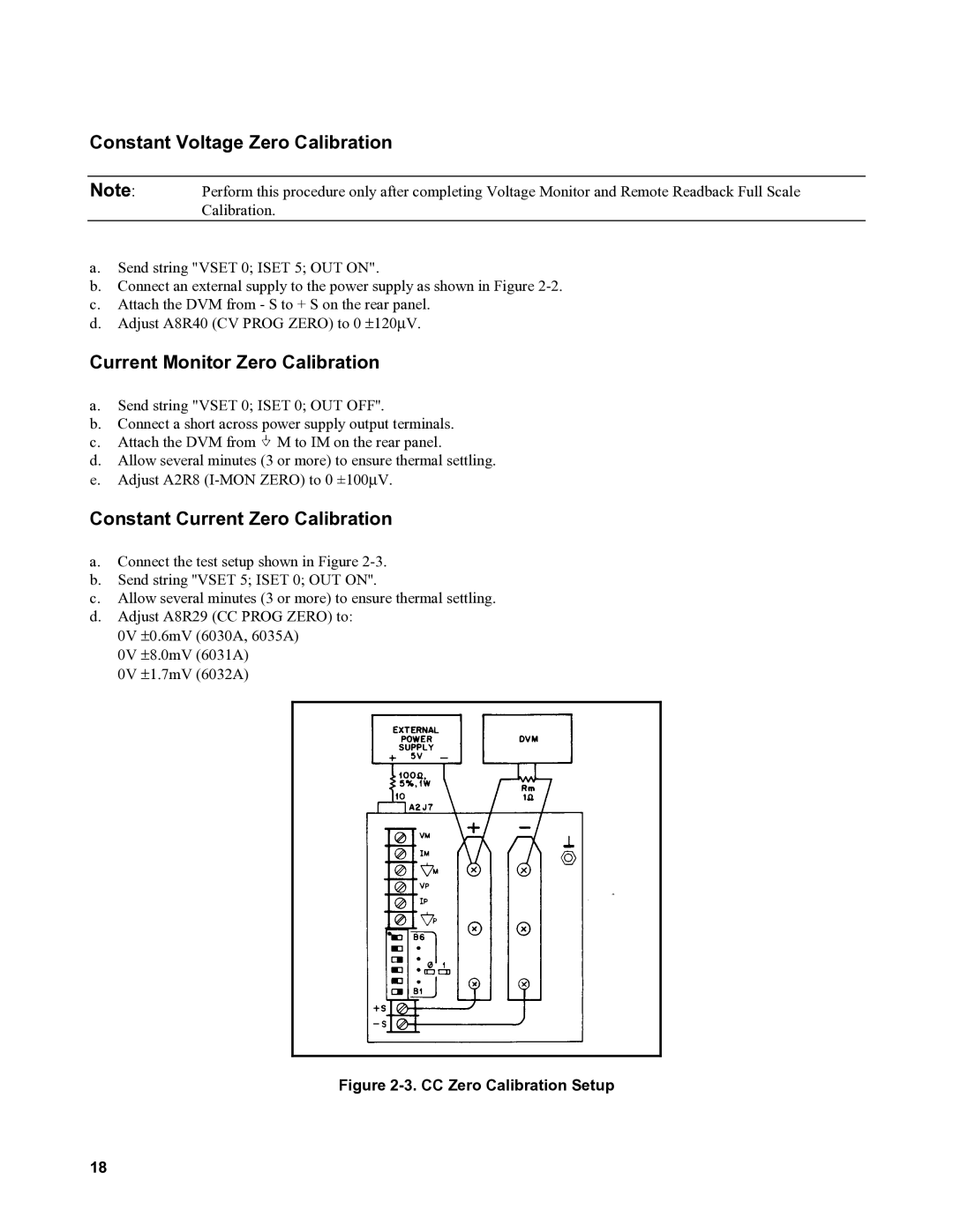 Agilent Technologies 6031A, 6035A, 6032A, 6030A Constant Voltage Zero Calibration, Current Monitor Zero Calibration 